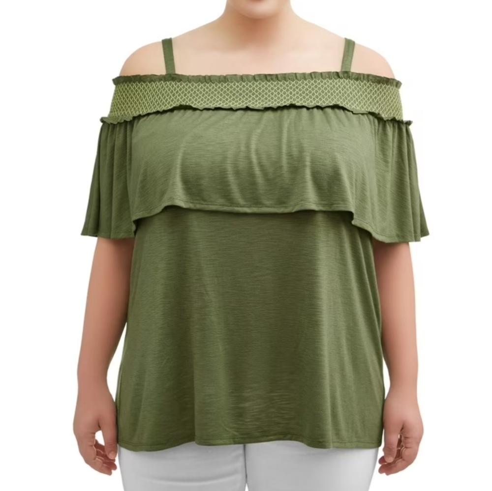 Terra & Sky 1X 16W 18W Army Green Smocked Off Shoulder AK-2009